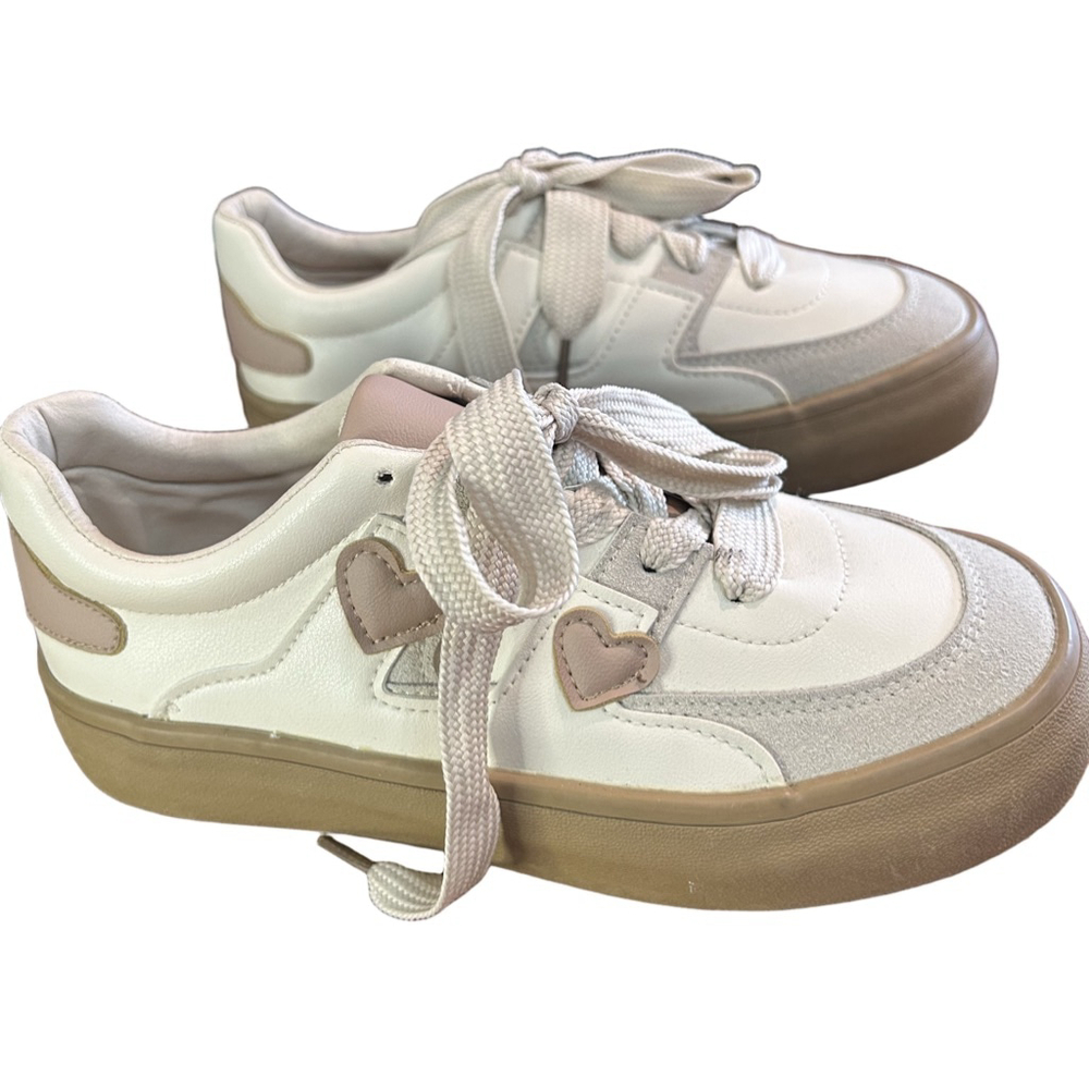 Women's White w/Beige hearts Platform Sneakers Size 8-81/2 - Picture 3 of 8